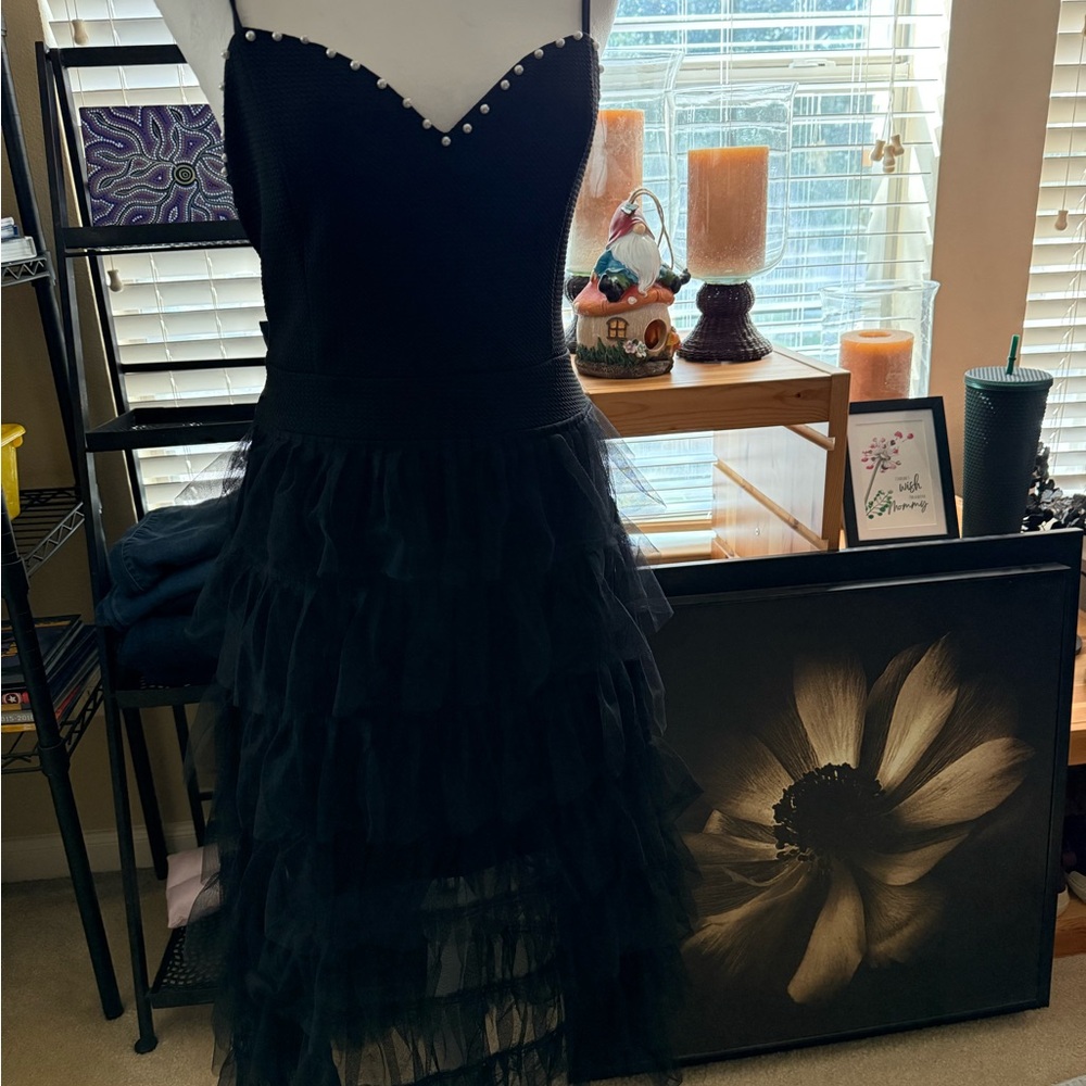 SHEIN Black Pearl Embellished Ruffled Dress